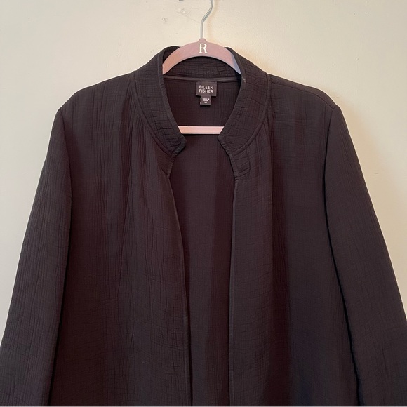 Eileen Fisher Jacket Black Long Open Front Crinkle Texture Silk Blend Sz M EUC - Picture 2 of 10